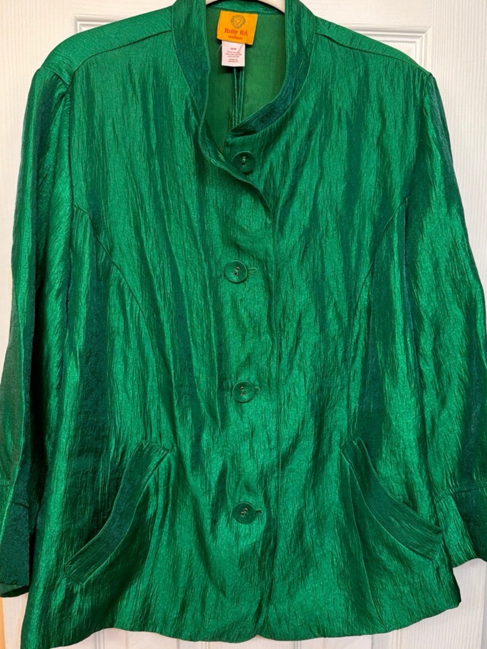 Ruby Rd. Shimmery Emerald Green Stand-Collar Button Jacket